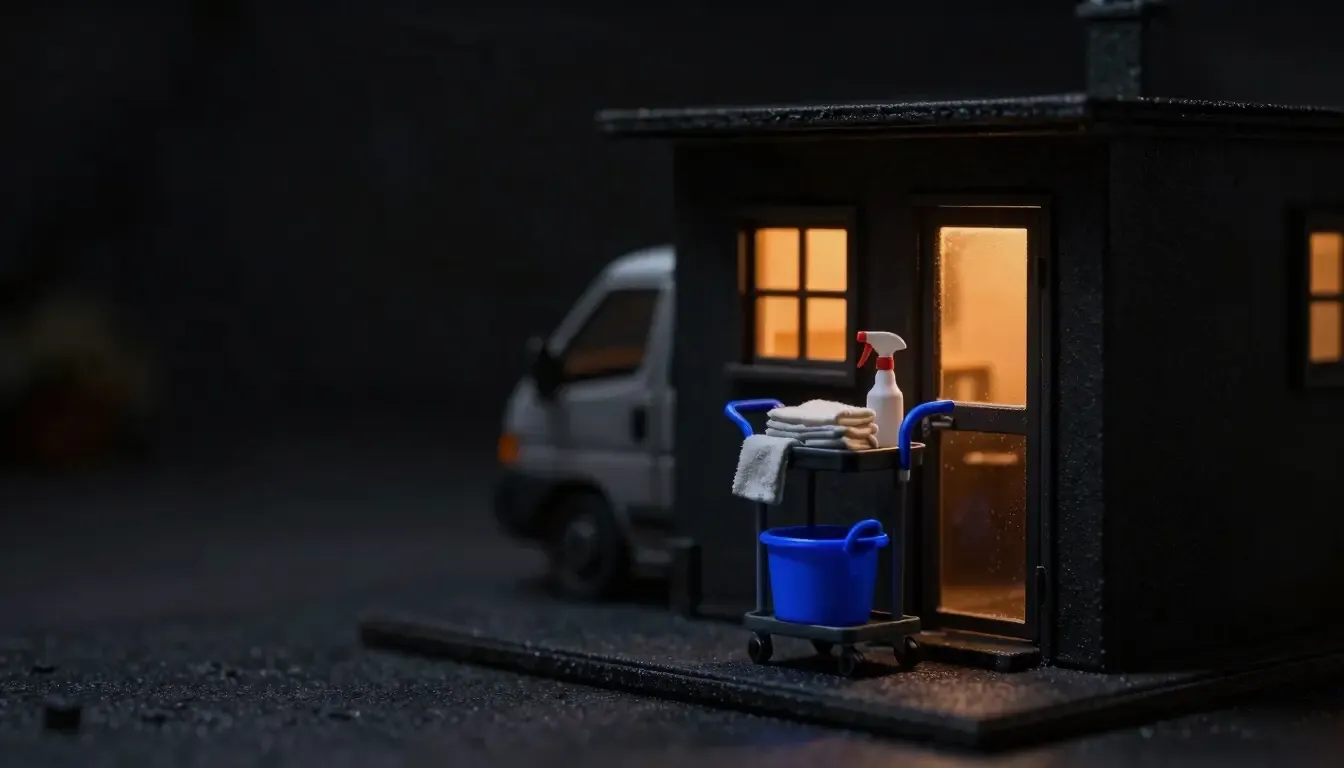 Miniature night diorama: a cleaning cart at a house door, a van at the kerb, amber window, one cobalt cart handle.