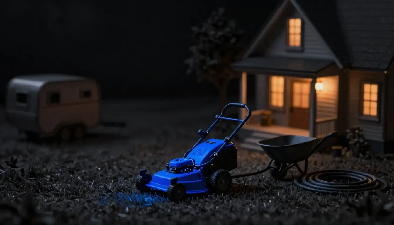 Miniature night diorama: a mower, wheelbarrow and hose on a dark lawn by an amber porch, the mower handle cobalt.