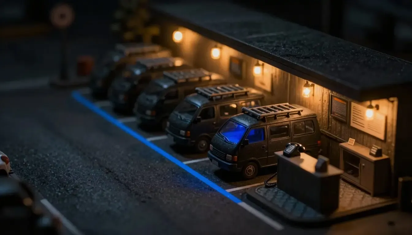 Miniature night diorama: a service yard with ladder-topped vans, a tool wall and a dispatch counter, one cobalt floor line.