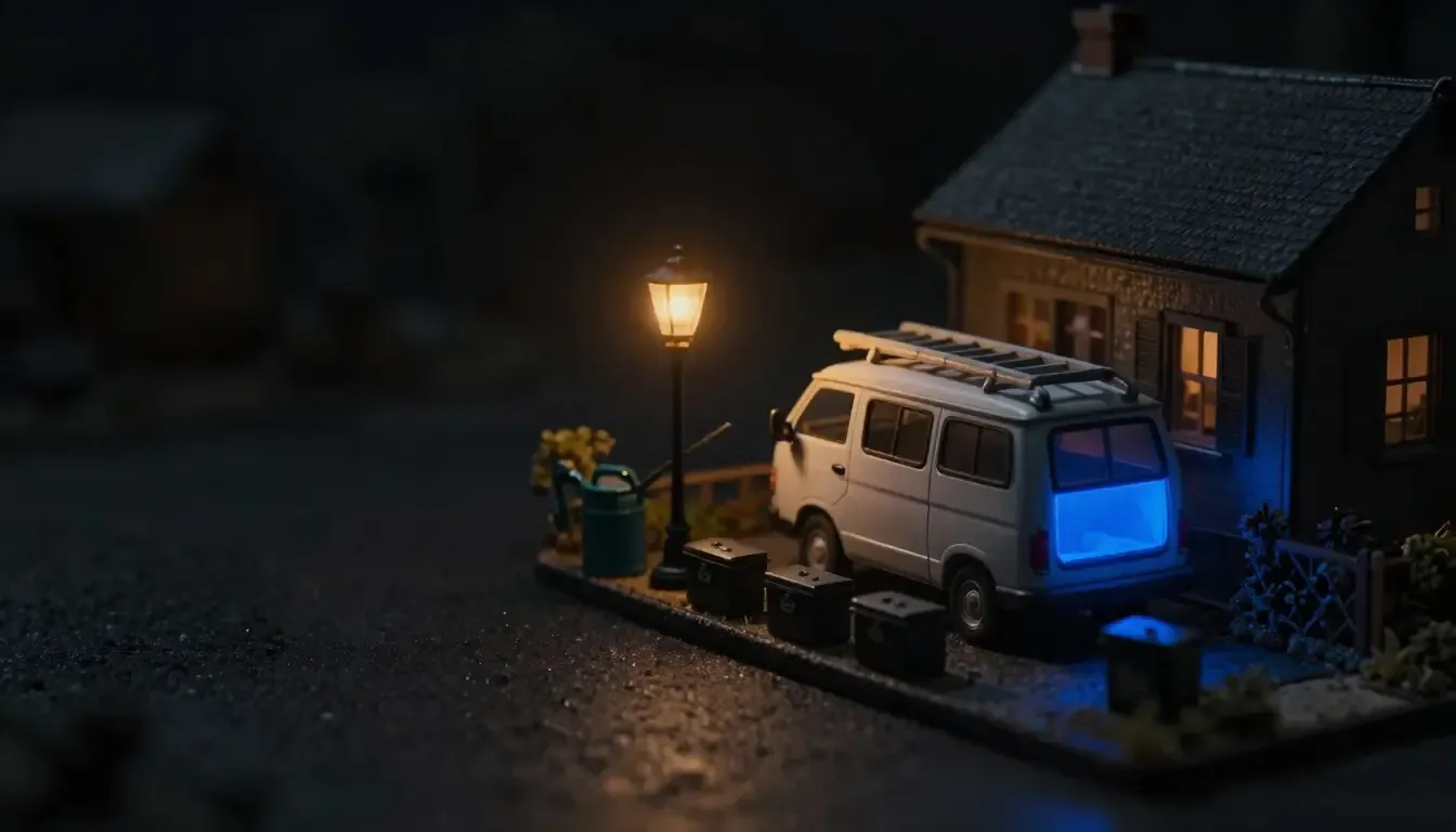 Miniature night diorama: a pest-control van by a dark house, a sprayer and bait stations on the path, one station cobalt.