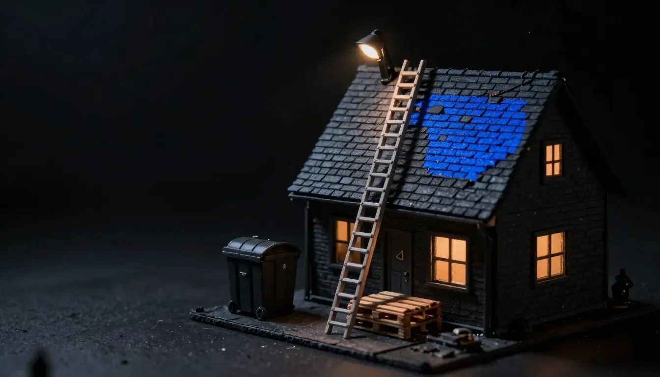 Miniature night diorama: a house with a ladder to the roof, shingle pallet and dumpster, work light, one cobalt chalk line.