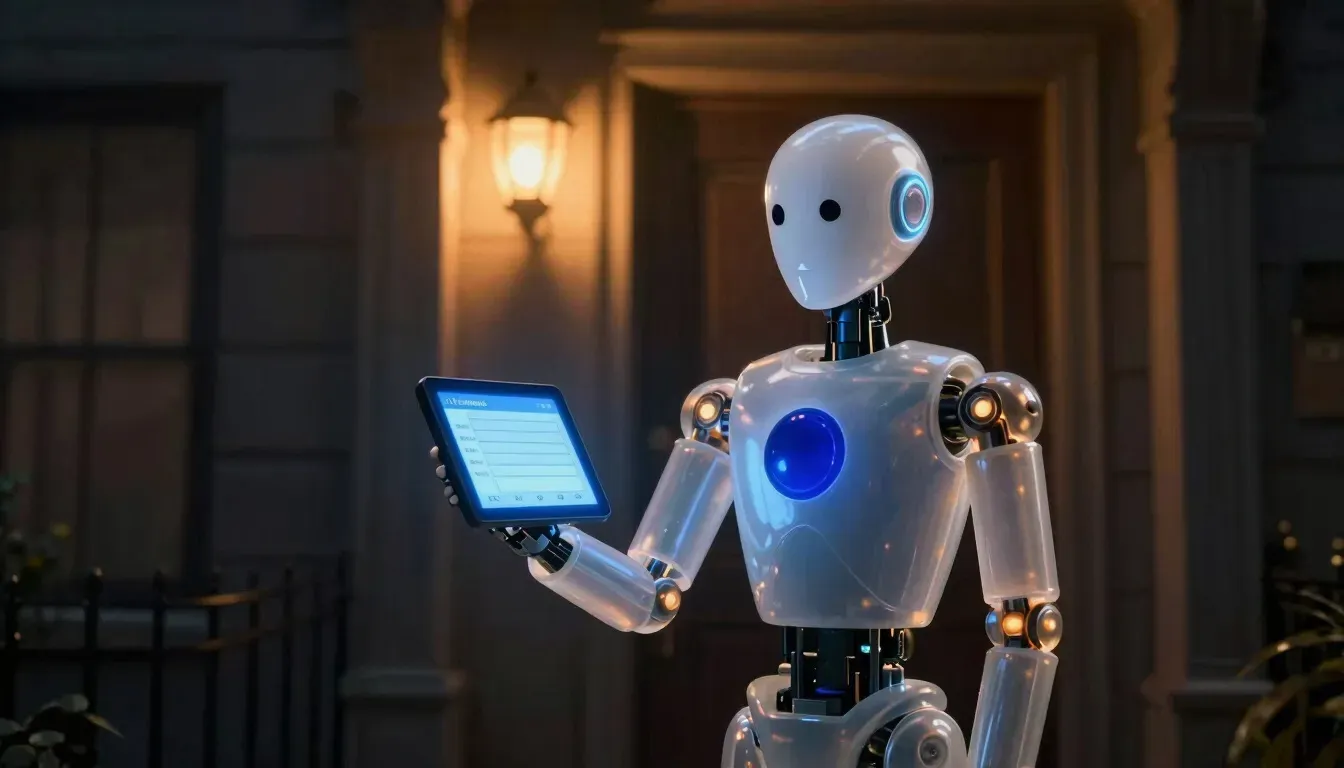 A faceless glass automaton in a coat checks a glowing schedule panel at a lamplit doorstep before a home visit.