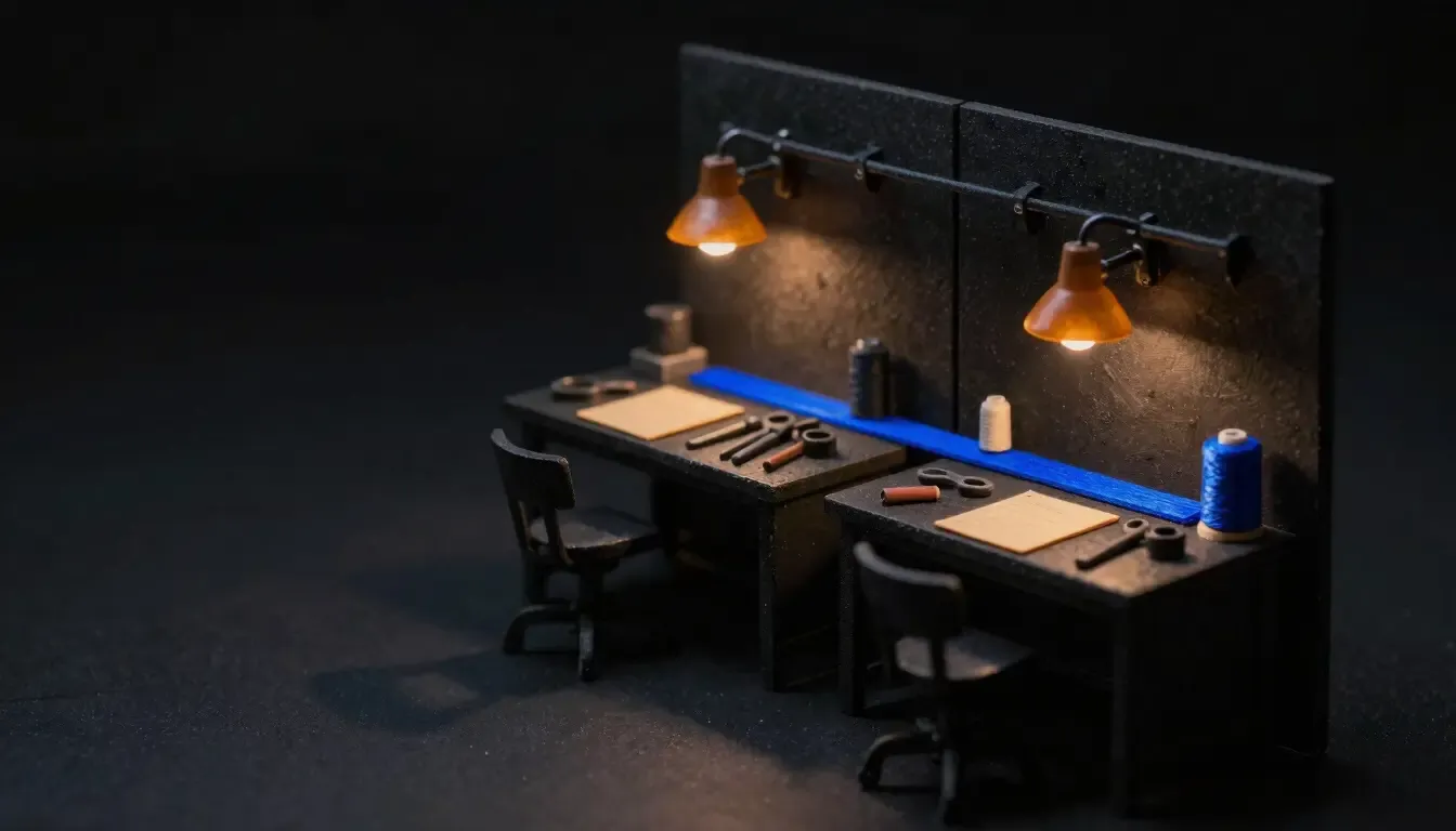 Miniature night diorama: two workbenches joined under amber lamps, one cobalt thread running along both.
