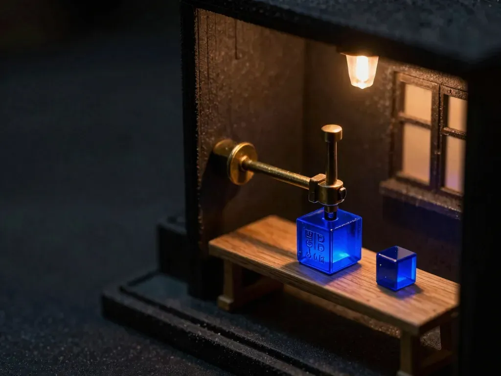 A close scale-model crop of a brass vise clamping a glowing cobalt-blue model cube with a spare replacement cube waiting nearby, showing an AI model built to be swapped out when deprecated.