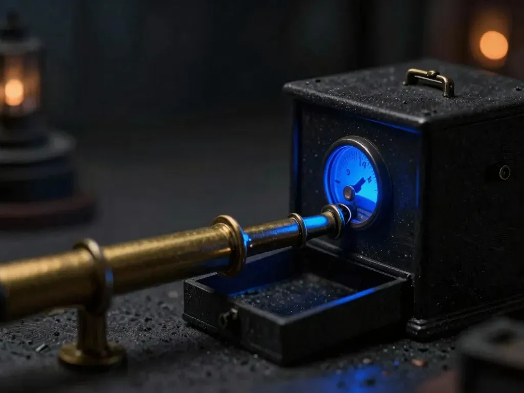 A close view of a locked pneumatic tube box with a glowing blue indicator dial, showing a transaction that has arrived but is not yet settled.