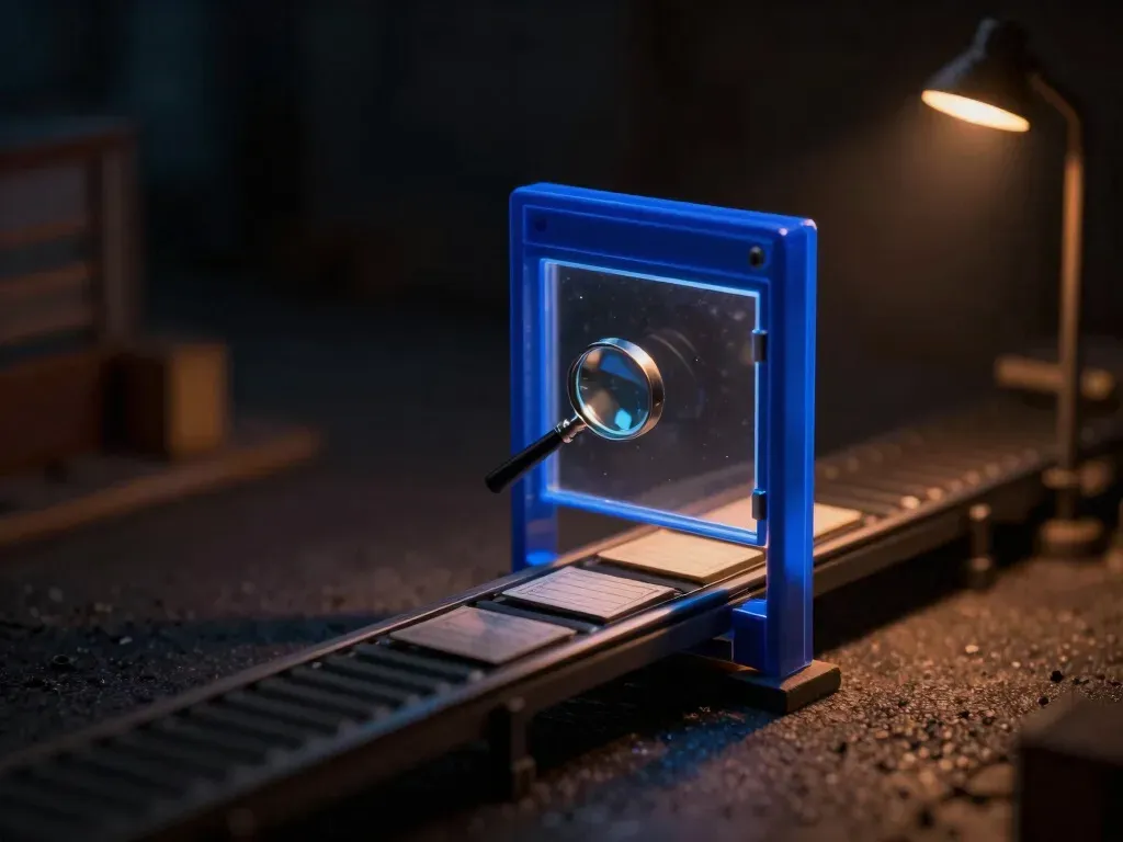 A close view of a single glowing blue inspection gate on one conveyor lane, showing a small team's only checkpoint for auditing every vendor.