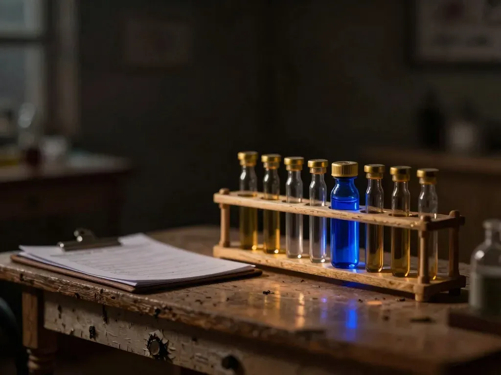 A close scale-model crop of a lab bench with a rack of brass sample vials and an open case folder, one vial glowing cobalt blue among plain ones to show the harder patient cases benchmarks miss.
