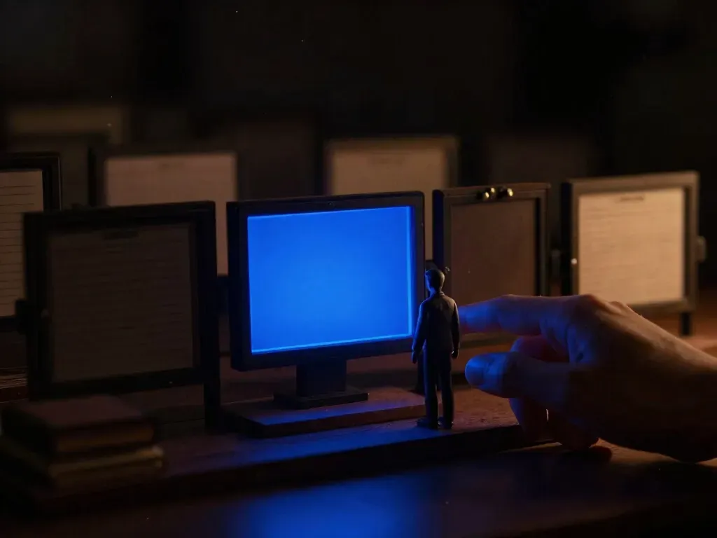 A close scale-model crop of a faceless wood clinician figurine reviewing a glowing cobalt-blue patient file beside sample vials, showing a human still making the final call in trial matching.