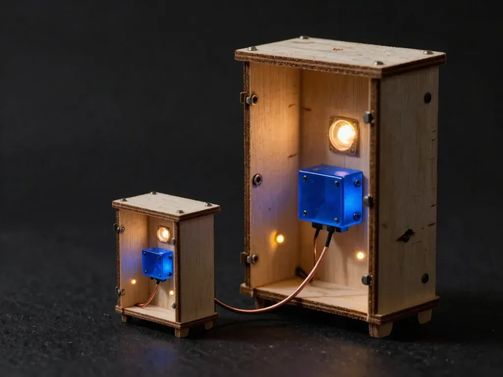 A close view of a mostly plain-wood junction box with one small glowing blue relay, showing that most of the system is not AI, and that is fine to say.