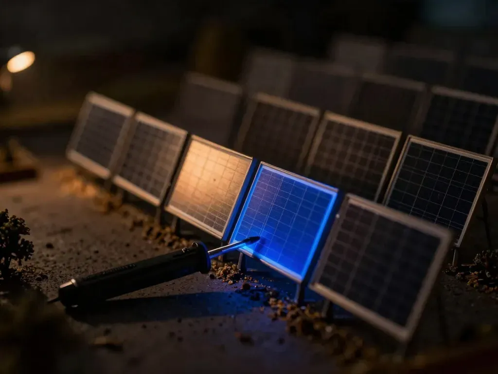 A close view of a glowing blue probe finding one shaded panel hidden under an even row, showing underperformance an averaged reading would hide.