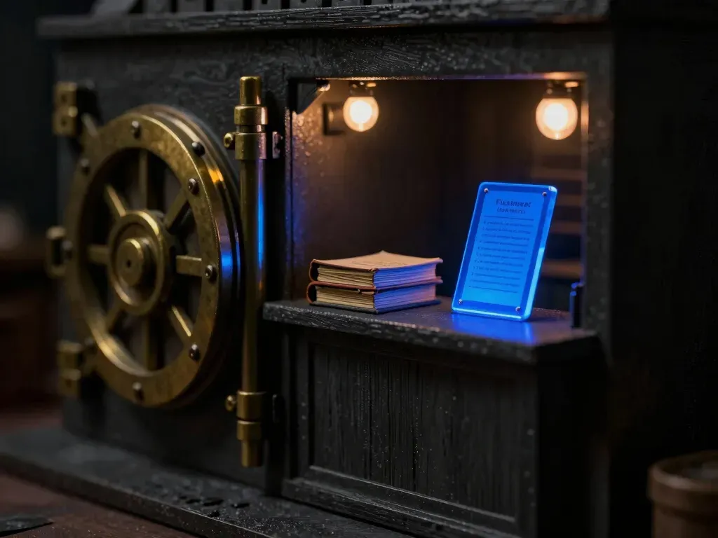 A close scale-model crop of a brass bank vault door and teller counter with a ledger, one small glowing cobalt-blue tile on the counter showing how one script can shift a compliance position.