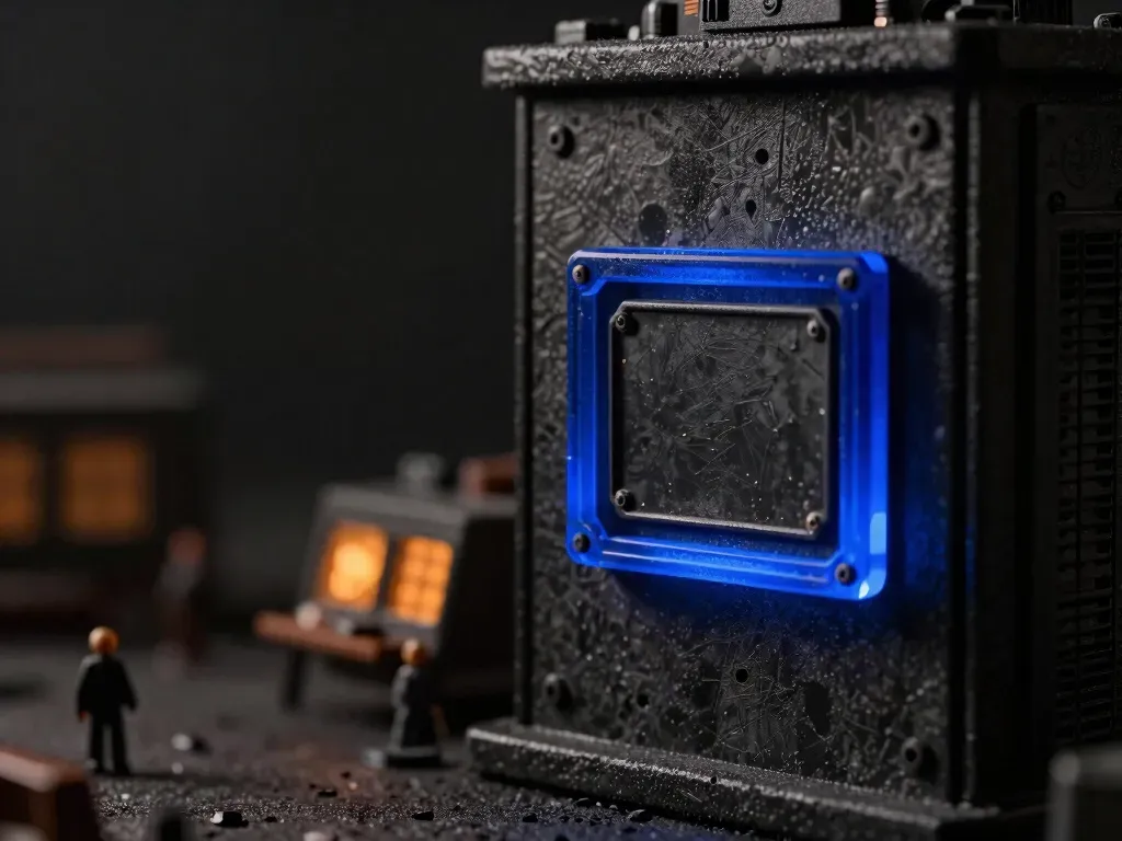 A close view of a glowing blue mounting bracket holding a claim inside the machinery rather than on its case, showing marketing language inside software is still regulated.