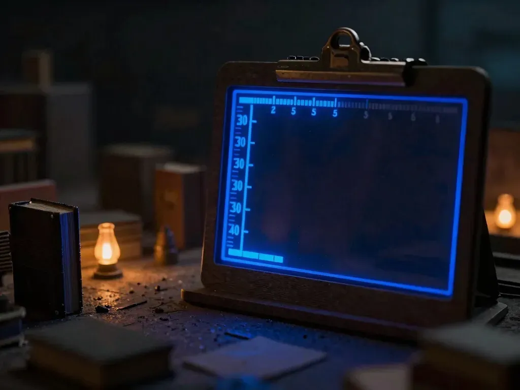 A close scale-model crop of a faceless white-coat wood figurine with a clipboard beside a file drawer of session notes, the clipboard glowing cobalt blue to show measurement-based care tracking.