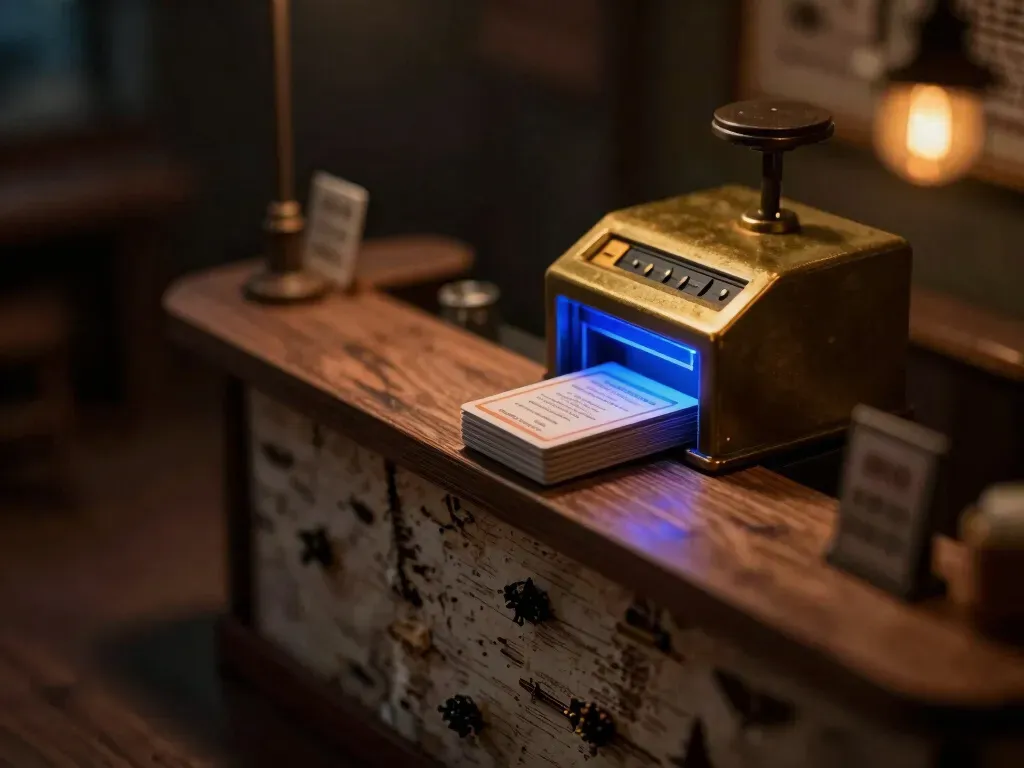 A close scale-model crop of a medspa reception counter with a brass card reader and treatment menu cards, the reader slot glowing cobalt blue to show the payment engineering underneath.