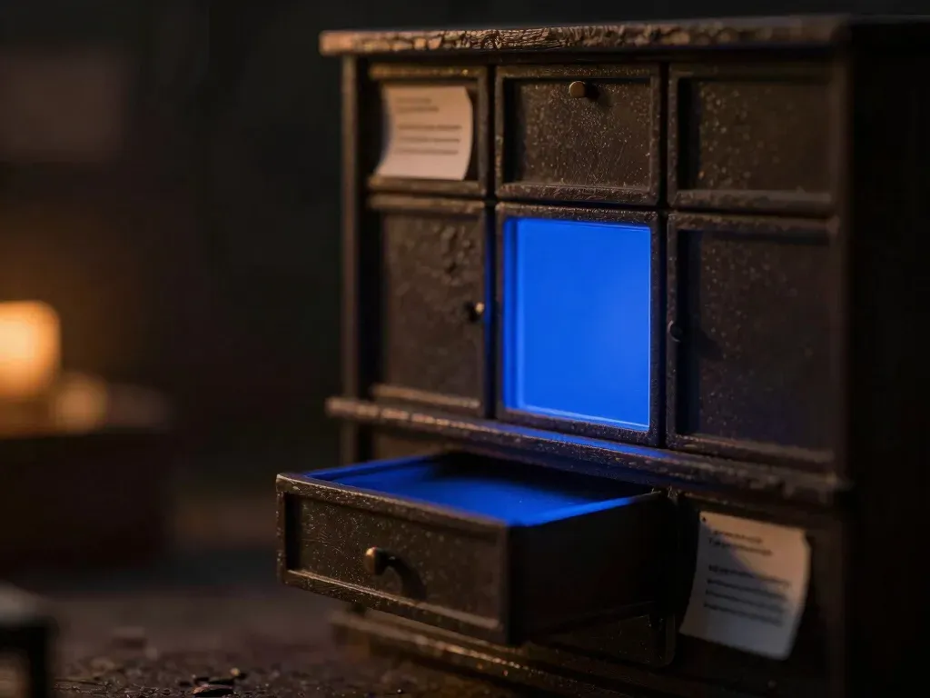 A close scale-model crop of a faceless wood pharmacist figurine behind a brass pill tray beside prescription drawers, one drawer front glowing cobalt blue to flag a PBM rejection as a business event.