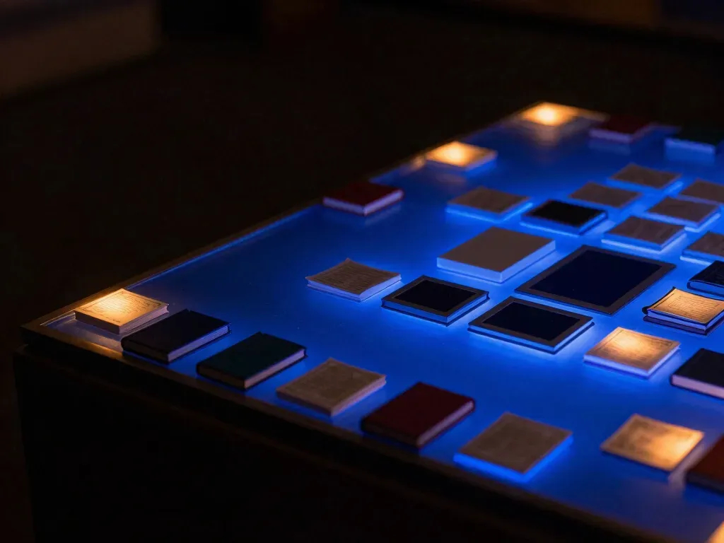 A close scale-model crop of a faceless wood figurine at a meeting table with a brass notepad, the pad glowing cobalt blue to show meeting action items assigned by rule.