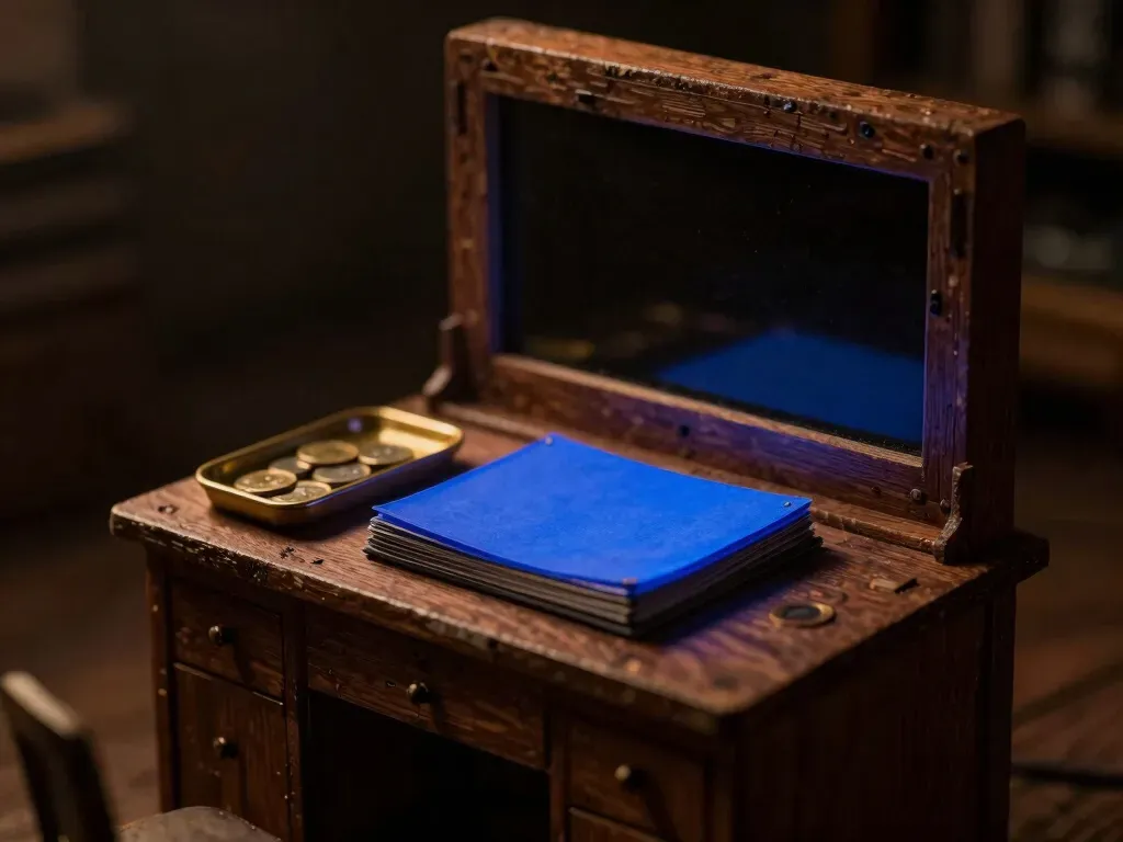 A close scale-model crop of a payroll desk with a brass coin tray and ledger sheets, the top sheet glowing cobalt blue to show every pay run reconciled, not just every month.