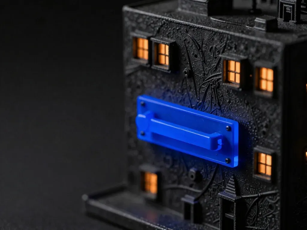 A close scale-model crop of a faceless wood HR figurine at a compliance ledger with a small override lever, the lever glowing cobalt blue to show it was designed into the system from the start.