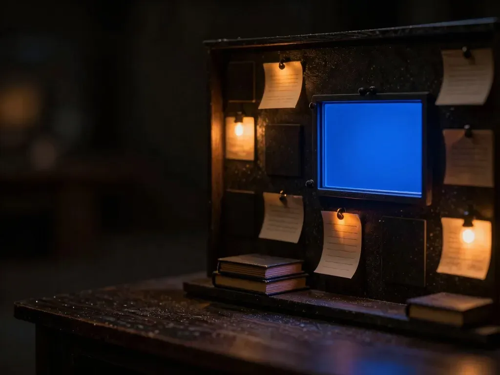 A faceless wooden adjuster figurine sorts accident-report folders into trays next to a miniature wrecked car, with the sorting system glowing blue, showing claims automation.
