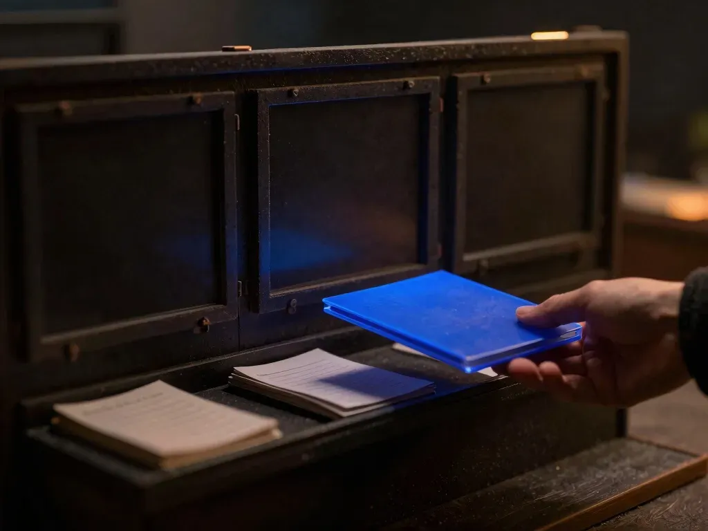 A faceless wooden auditor figurine hands a folder from a ledger podium toward a payroll tray, with the handoff mechanism glowing blue, depicting premium audit work.