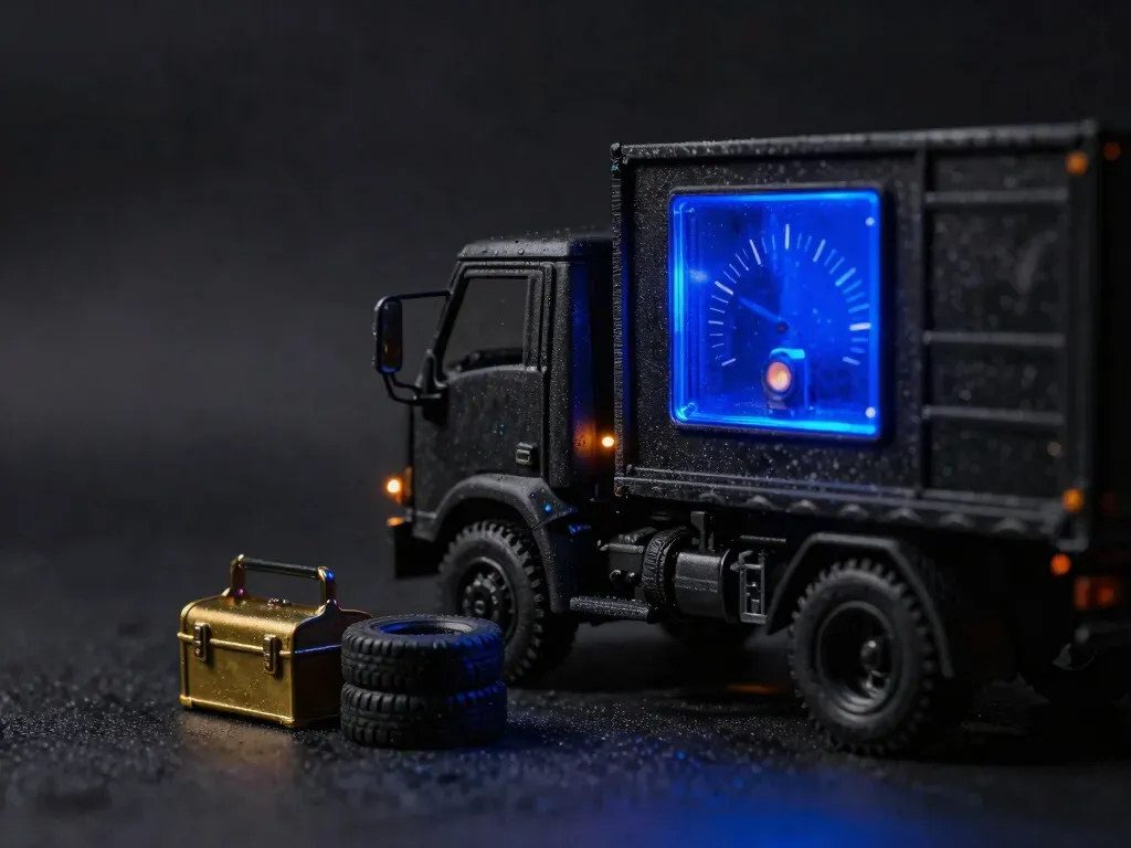 A faceless wooden mechanic figurine reads a dashboard gauge beside a truck on a repair lift with brass tools, the fault-light glowing blue, showing fleet repair decisions.