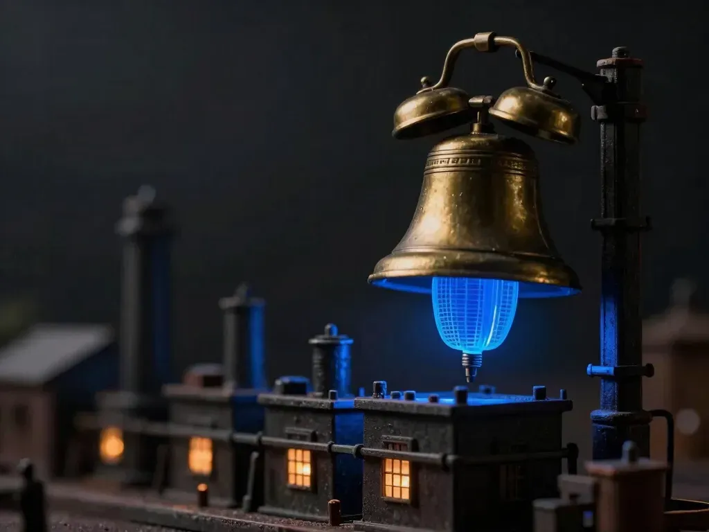 A factory alarm bell with a glowing blue filtering baffle muting every strike but one — an alarm that cries wolf is worse than no alarm.