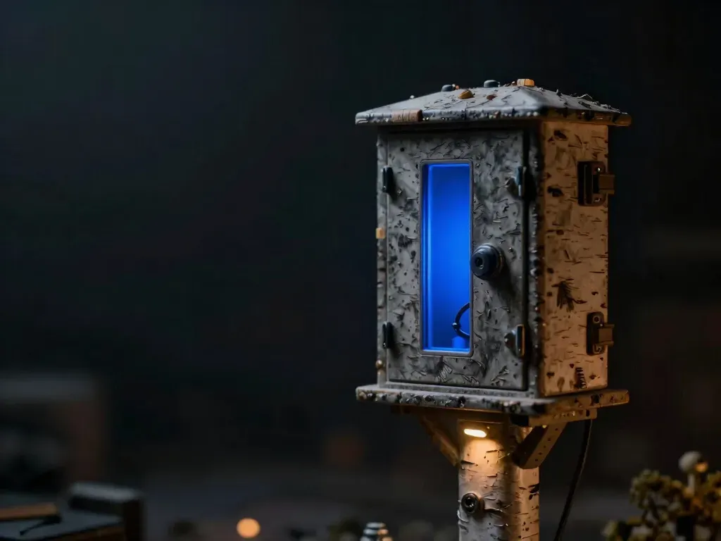 A close-up miniature of a hazardous-area equipment cabinet on a rig platform, its inner wiring built in glowing blue acrylic — hardware chosen for the environment it survives in.