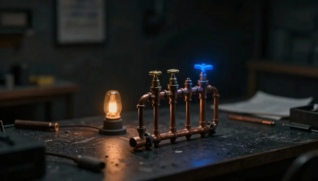 Miniature night diorama: a copper pipe manifold of four branch valves on a bench, one valve handle glowing cobalt.