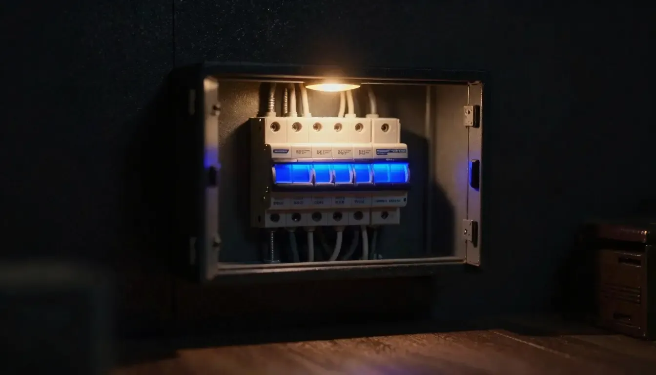 Miniature night diorama: an open model breaker panel with bundled cable below, one breaker switch glowing cobalt.