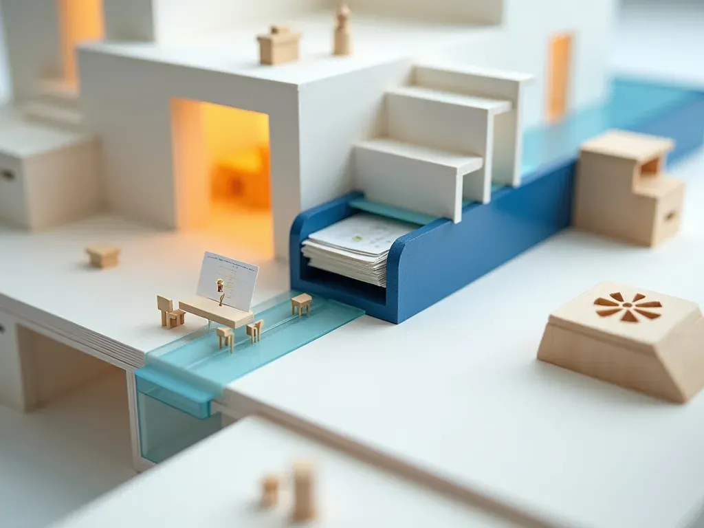 A close-up miniature desk with a lease-reading slot built in glowing blue acrylic beside a plain birch calculator — extraction kept separate from arithmetic.
