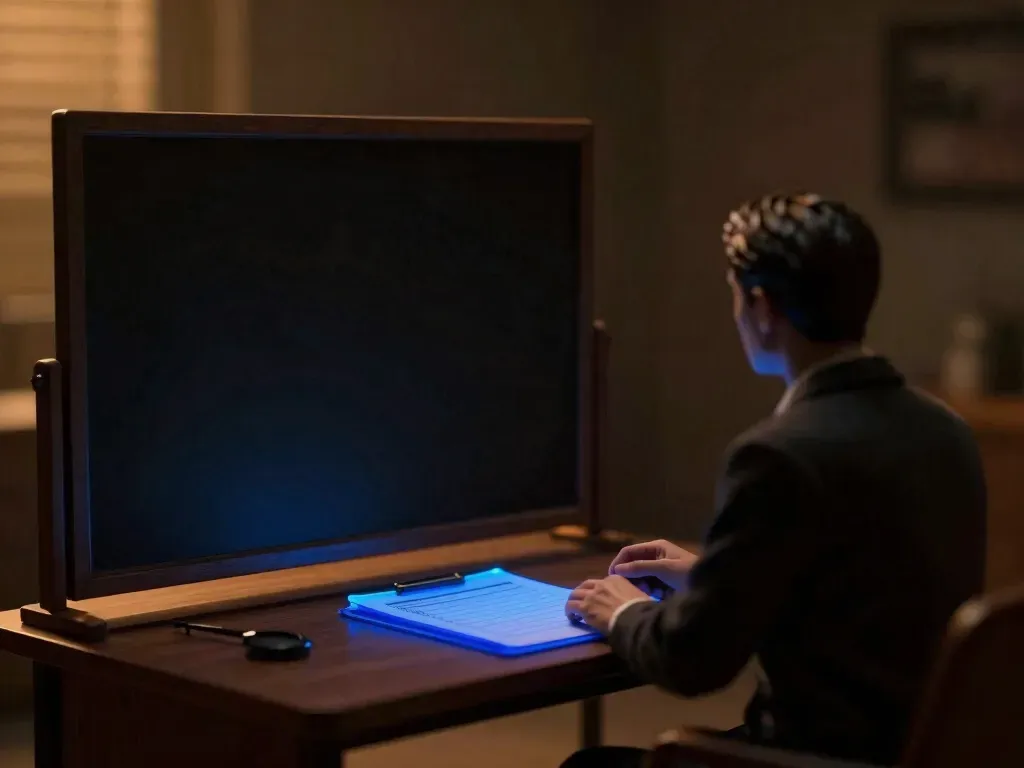 A faceless white-coat wooden figurine sits with a stethoscope and vial rack beside a dark consultation panel and patient chart, the chart core glowing blue, showing telemedicine record continuity after a dropped call.