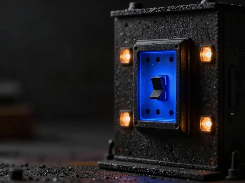 A faceless hard-hat wooden figurine stands at a scaffold beside a breaker panel with one mismatched switch, the panel core glowing blue, showing a field-service configuration error.