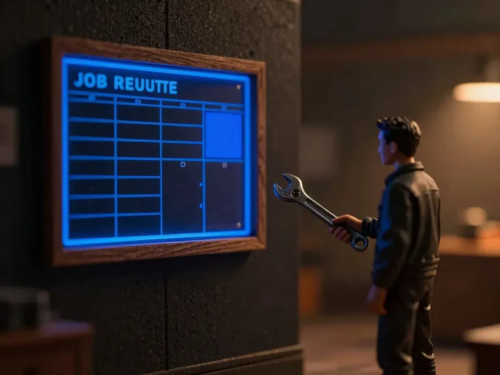 A faceless hard-hat wooden technician figurine works on a rooftop HVAC unit beside a house and a route board of job pins, the rescheduling core glowing blue, showing HVAC scheduling under heat-wave demand.