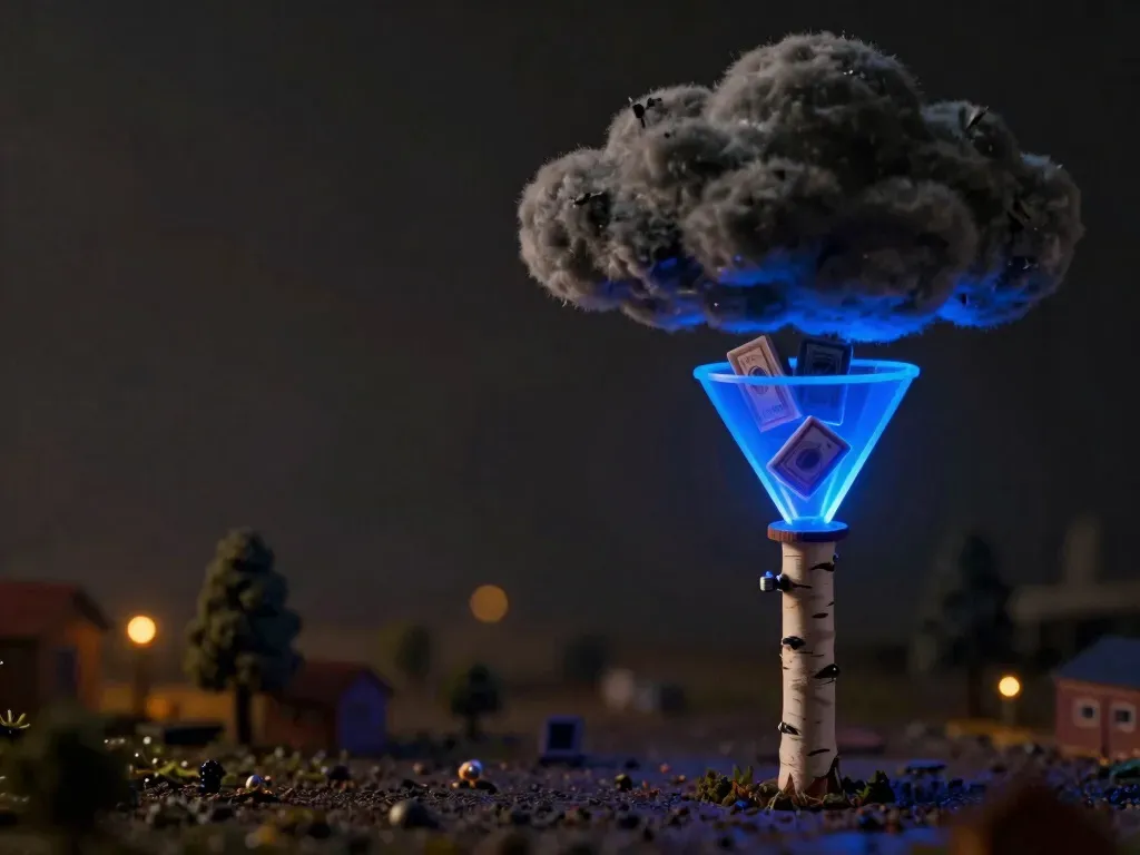 A storm cloud tipping toward a lead-intake funnel held upright by a glowing blue brace underneath — a hailstorm that should not break the lead form.