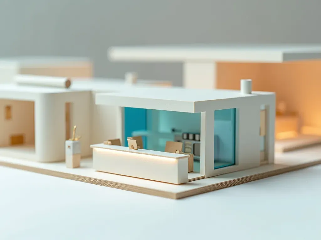 A close-up miniature booking counter with a hidden inventory tray built in glowing blue acrylic — a false no-results page hiding a booking that was actually available.