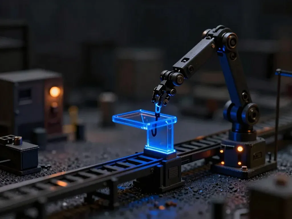 A close-up miniature scene of a conveyor fork built in glowing blue acrylic — the point where a model is deliberately not allowed to decide.