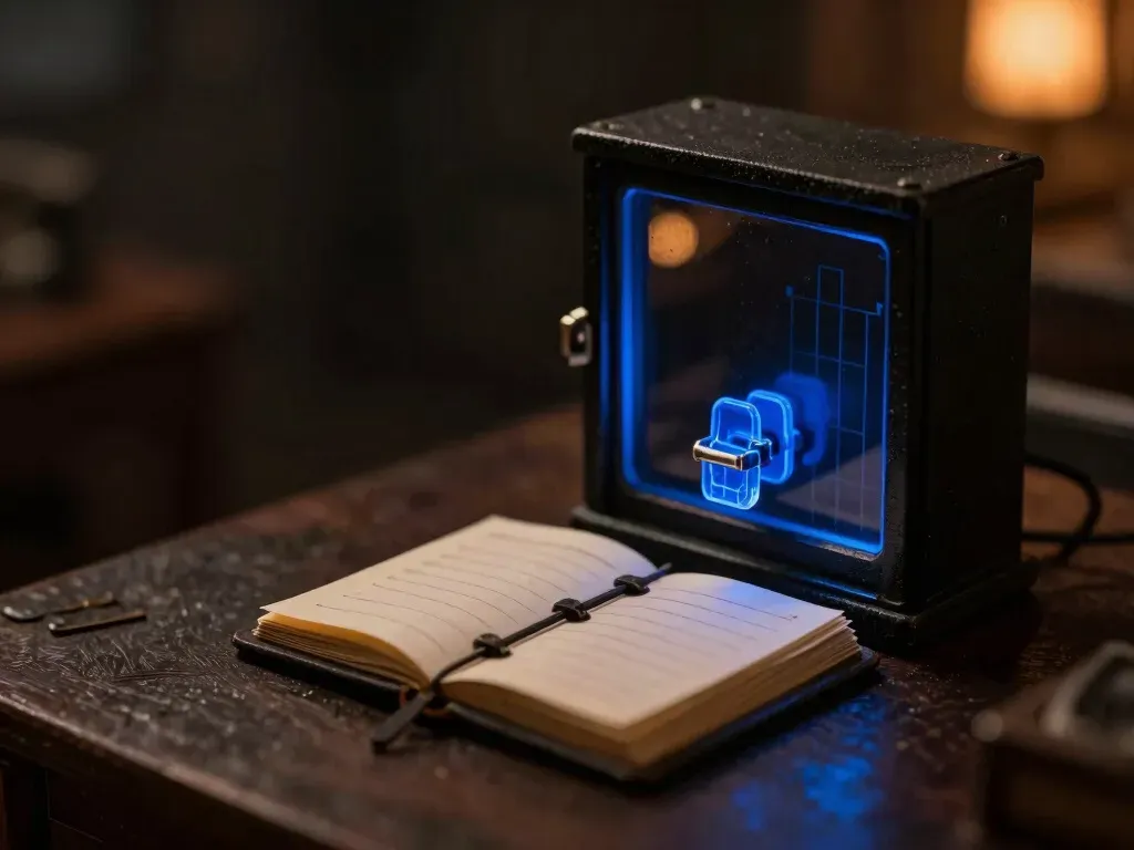 A close-up miniature scene of a barred-topics ledger with its latch mechanism built in glowing blue acrylic — the list of things the chatbot must never answer.