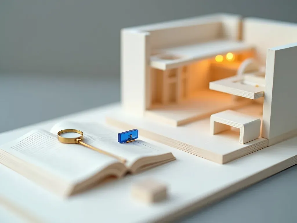 A close-up miniature desk where a ledger entry links by a glowing blue wire to a small footnote card, showing an answer traced back to its source.