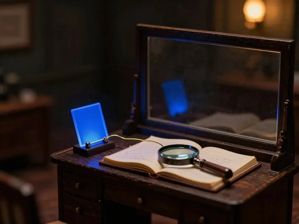 A close-up miniature desk where a ledger entry links by a glowing blue wire to a small footnote card, showing an answer traced back to its source.