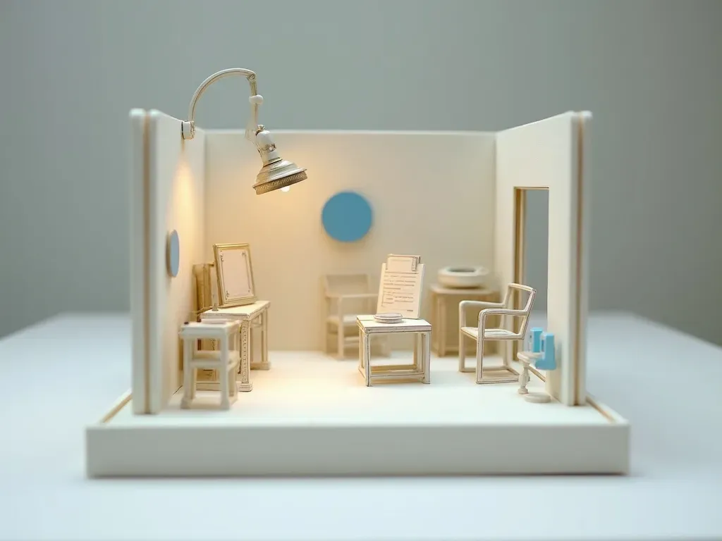 A close-up miniature test stand with a lamp on a sealed box and a gauge dial in glowing blue acrylic, showing a single hard question a system must answer.