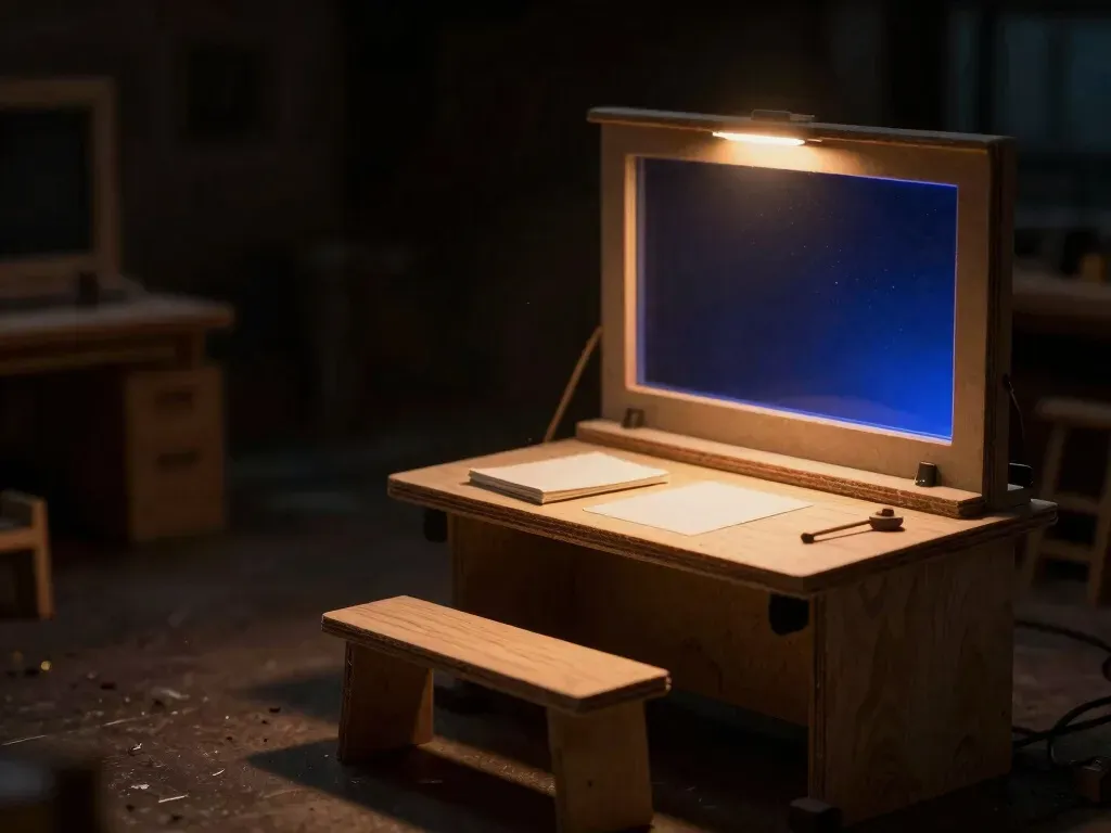 A faceless wooden engineer figurine compares a rough plywood prototype machine to a polished finished twin, the finished machine's core glowing blue, showing the leap from prototype to production.