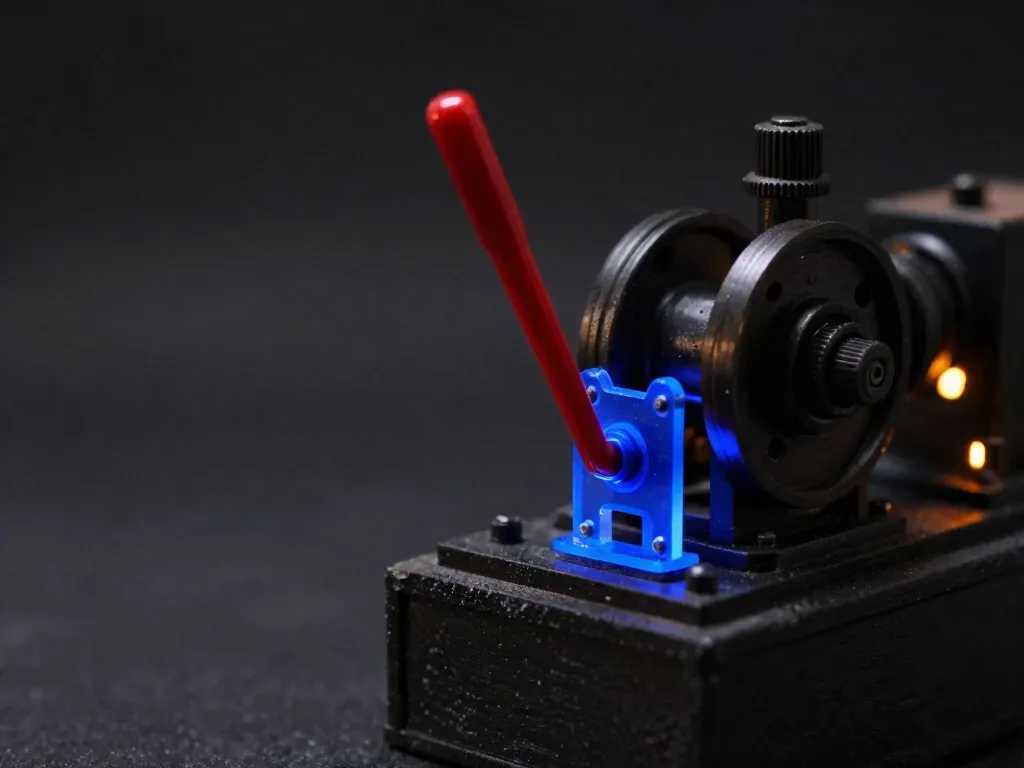 A red stop lever pulled down beside a stalled drive shaft, its glowing blue internal linkage visible — sometimes the answer is stop.