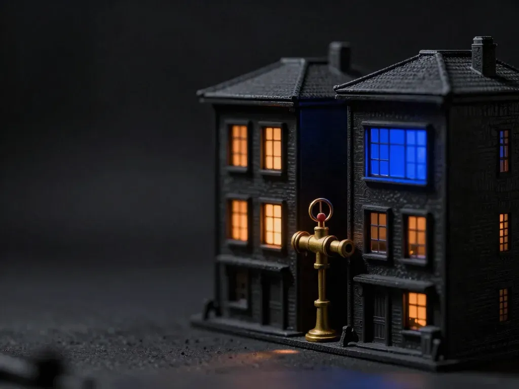A faceless wooden engineer figurine adjusts a brass check-valve pipe connecting two buildings, the valve core glowing blue, showing an idempotent API integration.