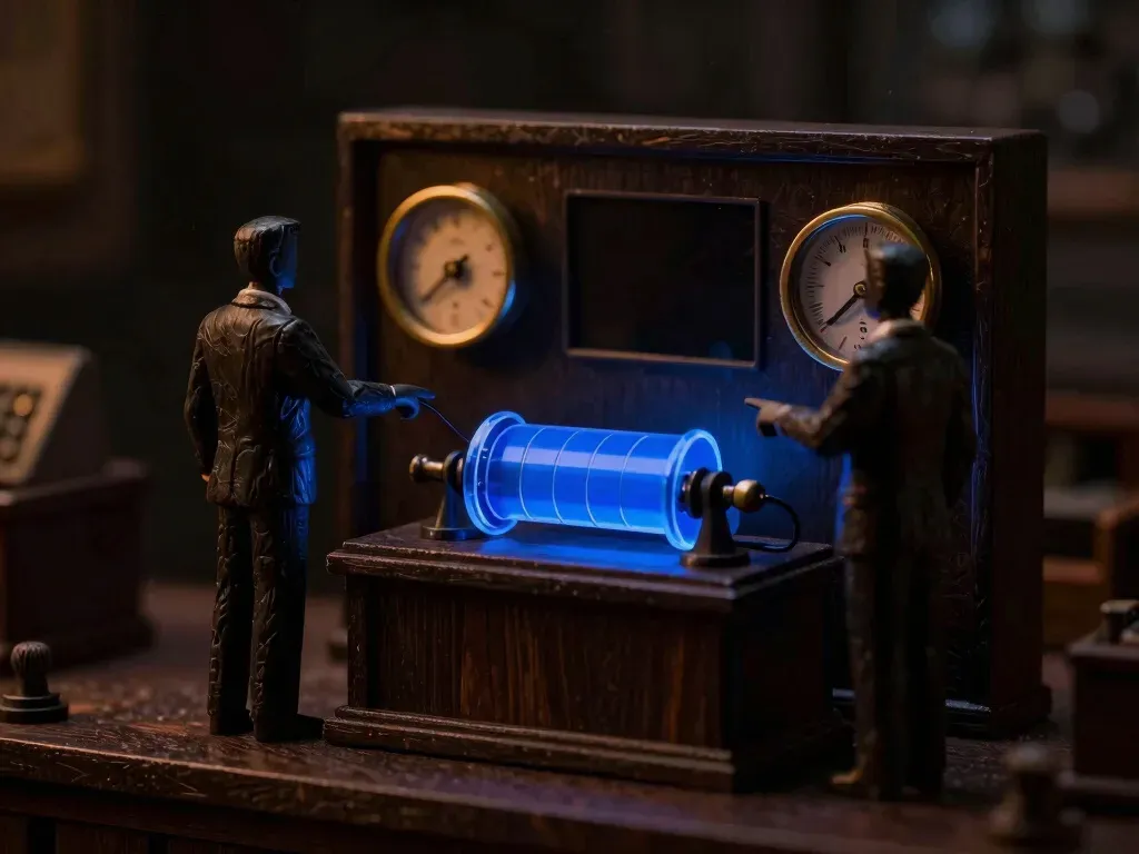 Two faceless wooden executive figurines point to different numbers on twin brass gauges wired to one shared drum, the drum glowing blue, showing business intelligence definitions reconciled.