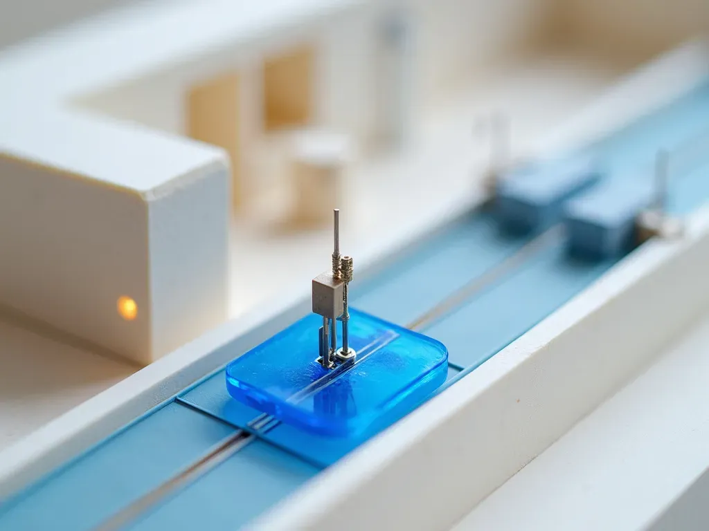 A close-up miniature conveyor fork diverting a jammed part into a catch tray, its switching mechanism in glowing blue acrylic, showing what happens when a step fails.