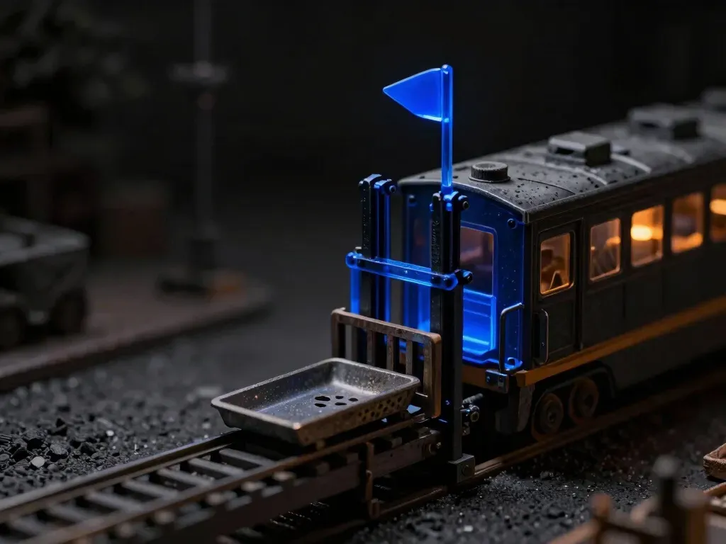 A close-up miniature conveyor fork diverting a jammed part into a catch tray, its switching mechanism in glowing blue acrylic, showing what happens when a step fails.
