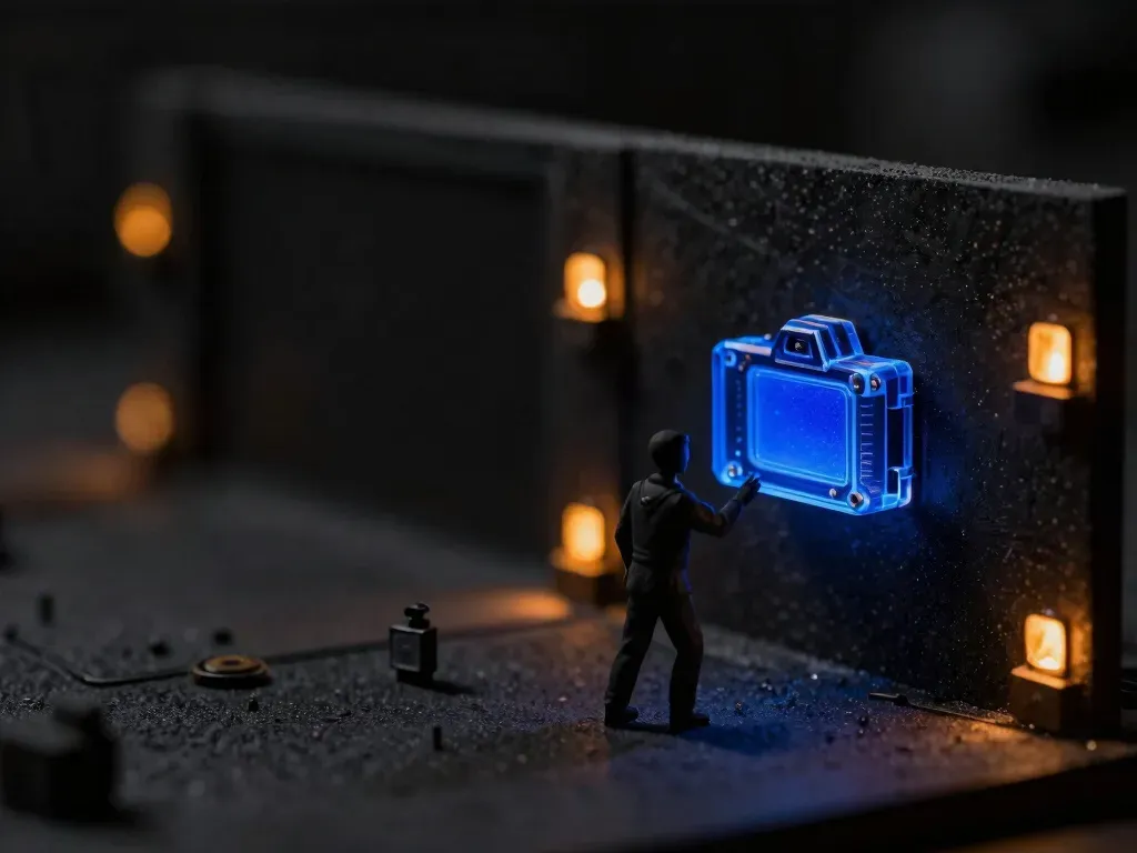 A faceless wooden technician figurine adjusts a brass camera mount aimed at a shelf while another figure nudges it out of alignment, the recalibration core glowing blue, showing computer vision drift when a camera moves.