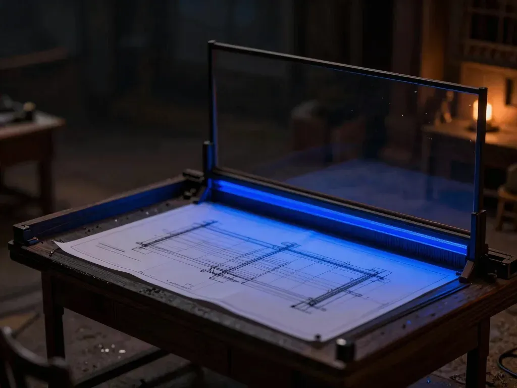 A pinned blueprint on a drafting table with its glowing blue structural beam lines drawn in before any walls are built — architecture decided before anyone writes code.