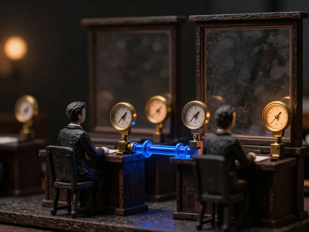 Two faceless wooden clerk figurines label a shared brass gauge differently at facing desks connected by a pipe, the pipe junction glowing blue, showing data engineers agreeing on field definitions.