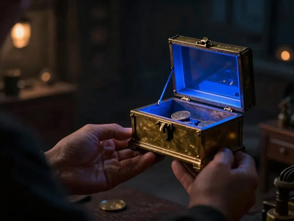 A close-up miniature escrow box with a glowing blue acrylic chamber holding a coin between two counters, showing money held safely between two strangers.